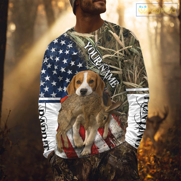 Rabbit Hunting With Beagle 3D US Flag Camo Custom Hunting Shirt, Rabbit Hunting Clothing NHT141