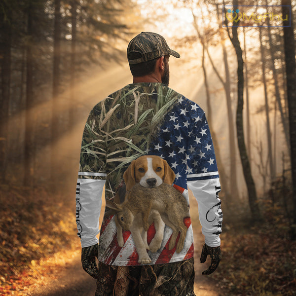 Rabbit Hunting With Beagle 3D US Flag Camo Custom Hunting Shirt, Rabbit Hunting Clothing NHT141