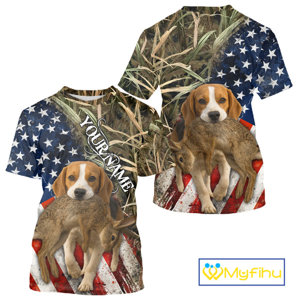 Rabbit Hunting With Beagle 3D US Flag Camo Custom Hunting Shirt, Rabbit Hunting Clothing NHT141
