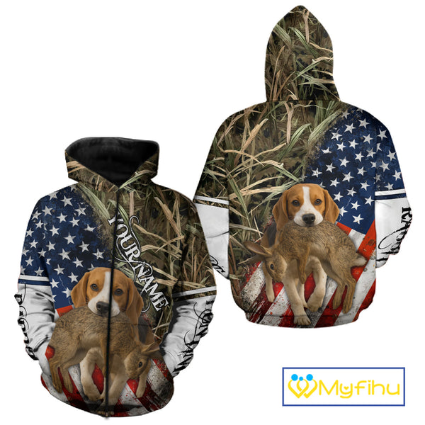 Rabbit Hunting With Beagle 3D US Flag Camo Custom Hunting Shirt, Rabbit Hunting Clothing NHT141