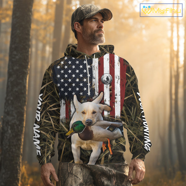 Mallard Duck Hunting Shirt Personalized Camo With Dog Yellow Lab US Flag Hunting Clothes NHT166
