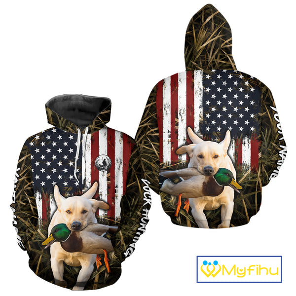 Mallard Duck Hunting Shirt Personalized Camo With Dog Yellow Lab US Flag Hunting Clothes NHT166