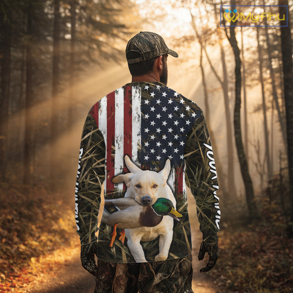 Mallard Duck Hunting Shirt Personalized Camo With Dog Yellow Lab US Flag Hunting Clothes NHT166