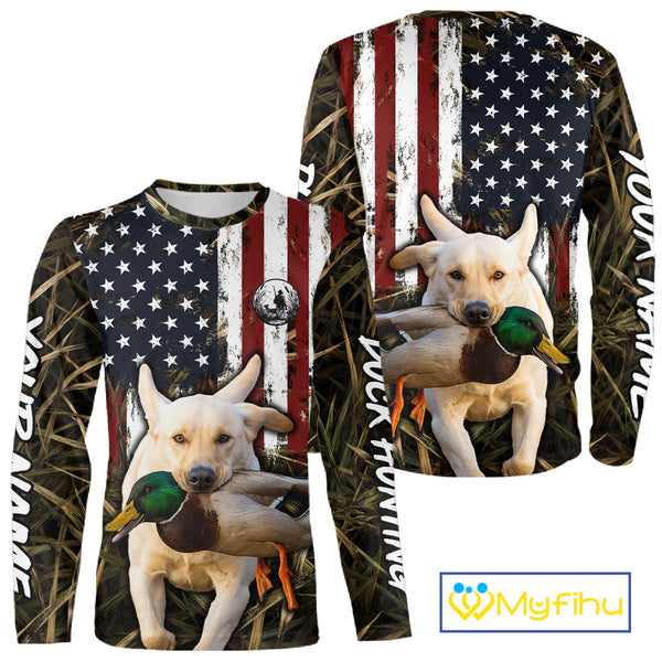 Mallard Duck Hunting Shirt Personalized Camo With Dog Yellow Lab US Flag Hunting Clothes NHT166