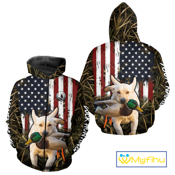 Mallard Duck Hunting Shirt Personalized Camo With Dog Yellow Lab US Flag Hunting Clothes NHT166
