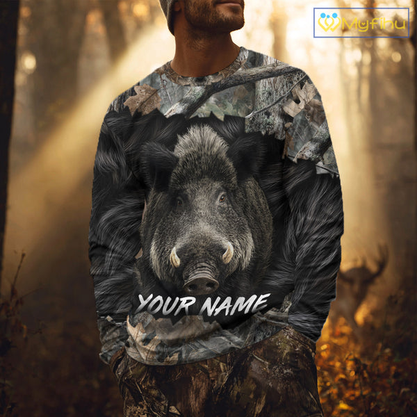 Wild Boar Hunting Black Camouflage Forest 3D Shirt For Hunting Season, Gift For Hunters NHT178