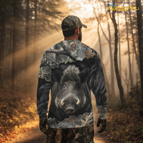 Wild Boar Hunting Black Camouflage Forest 3D Shirt For Hunting Season, Gift For Hunters NHT178