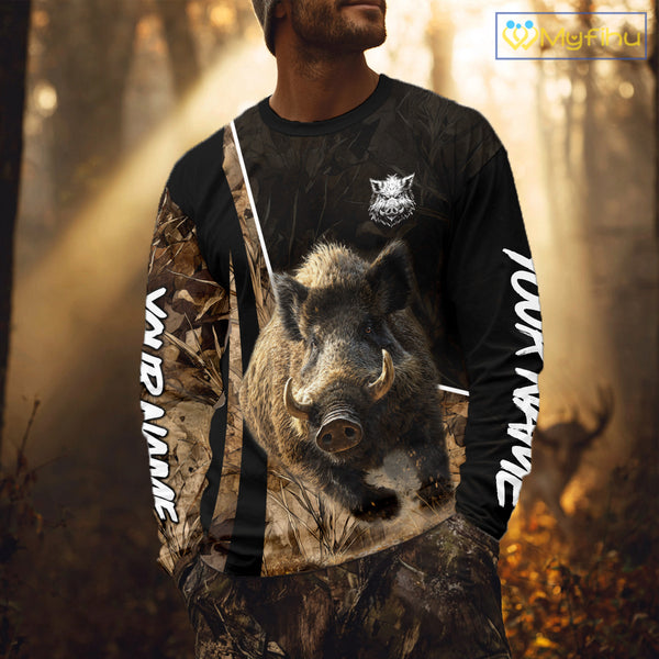 Best Custom Wild Boar Hunting Black Camo Forest 3D Printed Shirts, Hunting Gifts NHT284