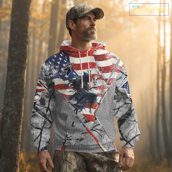 Deer Hunting 3D US Flag Camo Gray Grim Reaper Deer Skull Full Printing Custom Name Shirt NHT203