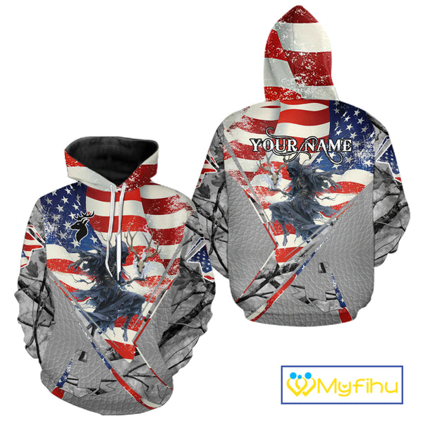 Deer Hunting 3D US Flag Camo Gray Grim Reaper Deer Skull Full Printing Custom Name Shirt NHT203