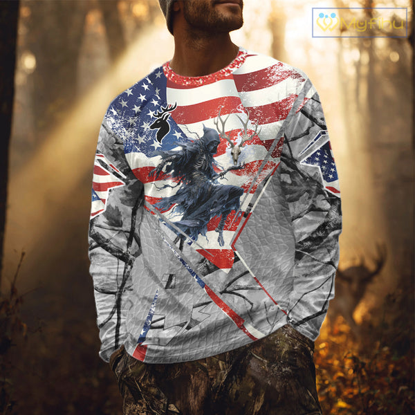 Deer Hunting 3D US Flag Camo Gray Grim Reaper Deer Skull Full Printing Custom Name Shirt NHT203