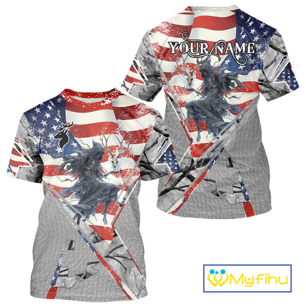 Deer Hunting 3D US Flag Camo Gray Grim Reaper Deer Skull Full Printing Custom Name Shirt NHT203