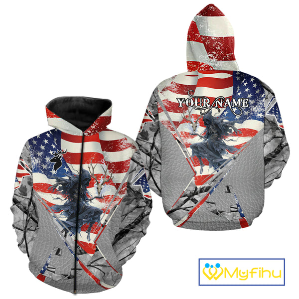 Deer Hunting 3D US Flag Camo Gray Grim Reaper Deer Skull Full Printing Custom Name Shirt NHT203
