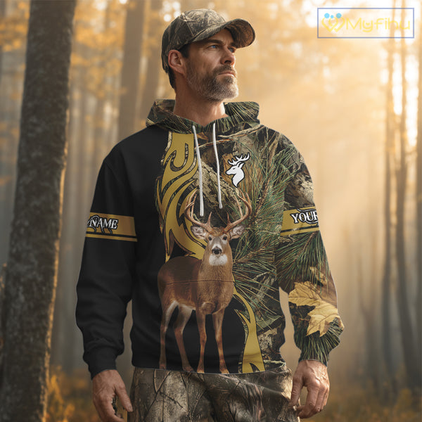 Deer Hunting 3D Black Camo Forest Custom Name All Over Print Shirt, Deer Hunting Gifts NHT208