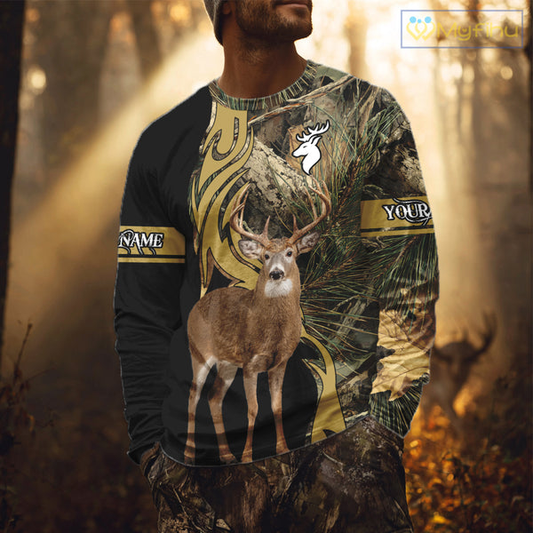 Deer Hunting 3D Black Camo Forest Custom Name All Over Print Shirt, Deer Hunting Gifts NHT208