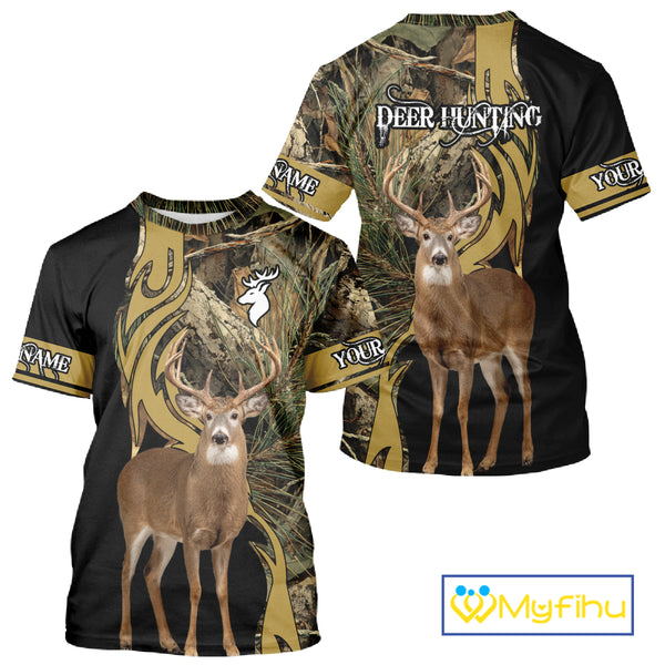 Deer Hunting 3D Black Camo Forest Custom Name All Over Print Shirt, Deer Hunting Gifts NHT208