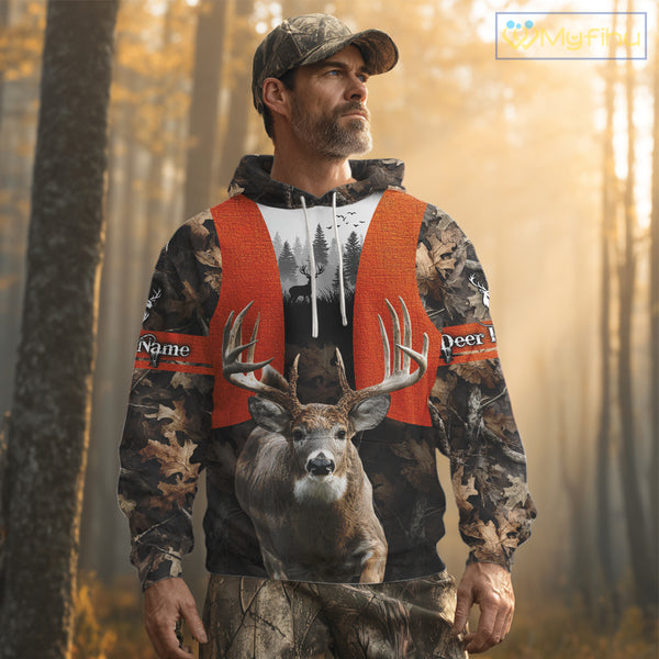 Personalized Hunting Shirt, Hunting Gear For Men – Orange Safety Camo with Big Buck NHT343