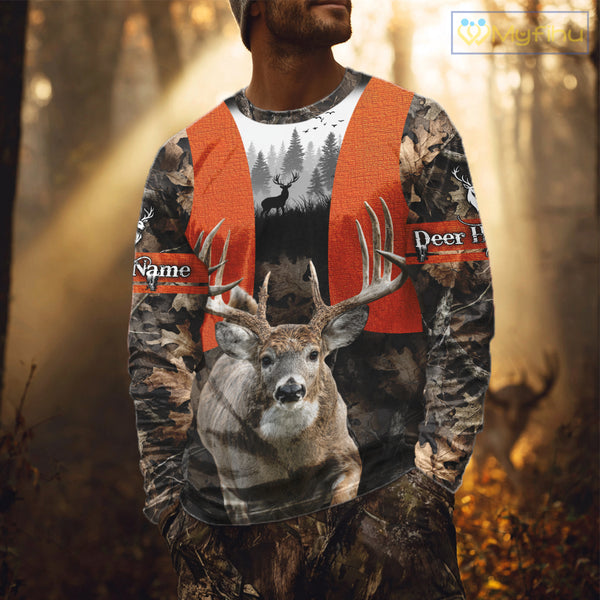 Personalized Hunting Shirt, Hunting Gear For Men – Orange Safety Camo with Big Buck NHT343