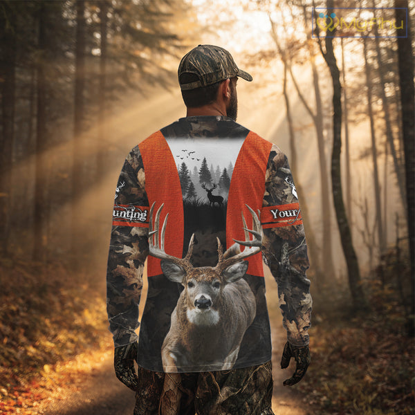 Personalized Hunting Shirt, Hunting Gear For Men – Orange Safety Camo with Big Buck NHT343