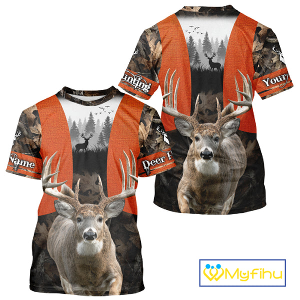 Personalized Hunting Shirt, Hunting Gear For Men – Orange Safety Camo with Big Buck NHT343
