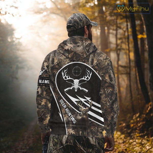 Skull Deer Hunting Hoodie and Sweatshirt – Brown Camo Gear with Custom Name for Hunters NHT345