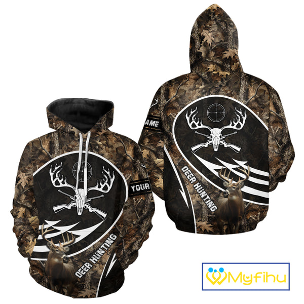 Skull Deer Hunting Hoodie and Sweatshirt – Brown Camo Gear with Custom Name for Hunters NHT345