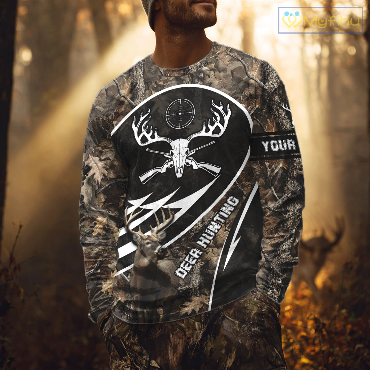 Skull Deer Hunting Hoodie and Sweatshirt – Brown Camo Gear with Custom Name for Hunters NHT345