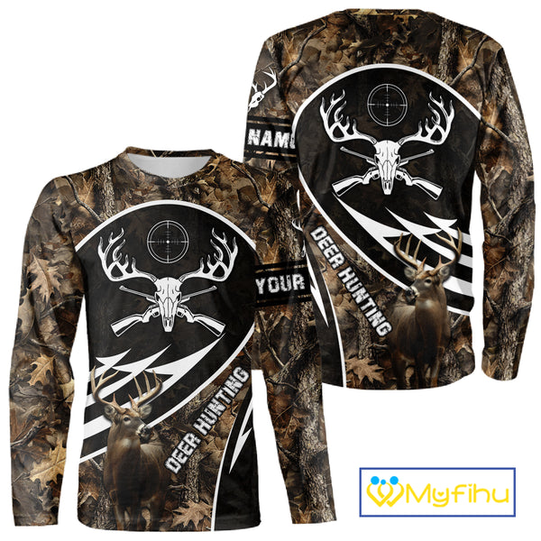 Skull Deer Hunting Hoodie and Sweatshirt – Brown Camo Gear with Custom Name for Hunters NHT345