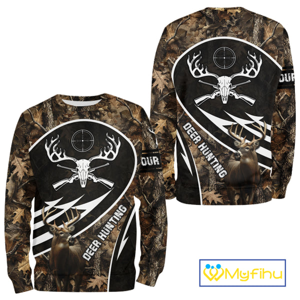 Skull Deer Hunting Hoodie and Sweatshirt – Brown Camo Gear with Custom Name for Hunters NHT345