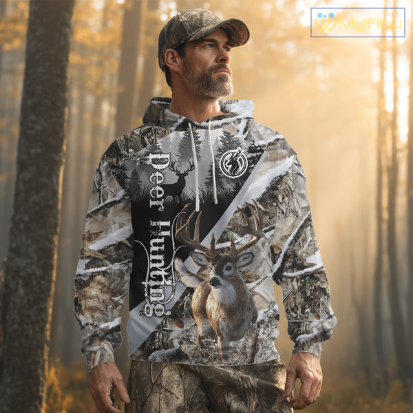 Whitetail Deer Hunting 3D All Over Print Winter Camo Shirt Custom Name Gifts For Hunter NHT215