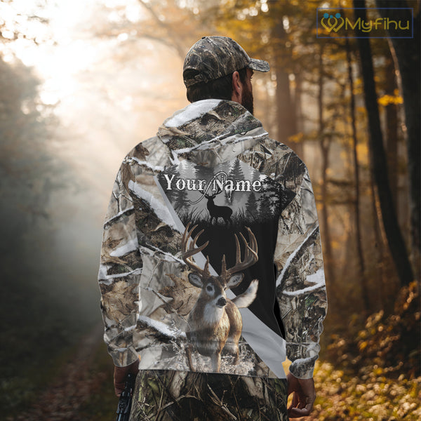 Whitetail Deer Hunting 3D All Over Print Winter Camo Shirt Custom Name Gifts For Hunter NHT215