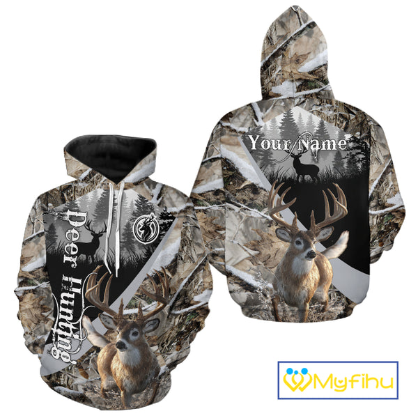 Whitetail Deer Hunting 3D All Over Print Winter Camo Shirt Custom Name Gifts For Hunter NHT215