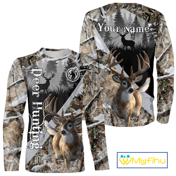 Whitetail Deer Hunting 3D All Over Print Winter Camo Shirt Custom Name Gifts For Hunter NHT215