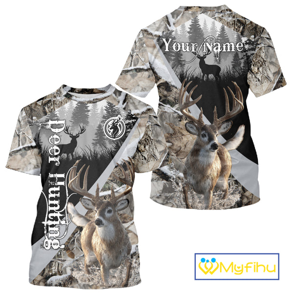 Whitetail Deer Hunting 3D All Over Print Winter Camo Shirt Custom Name Gifts For Hunter NHT215