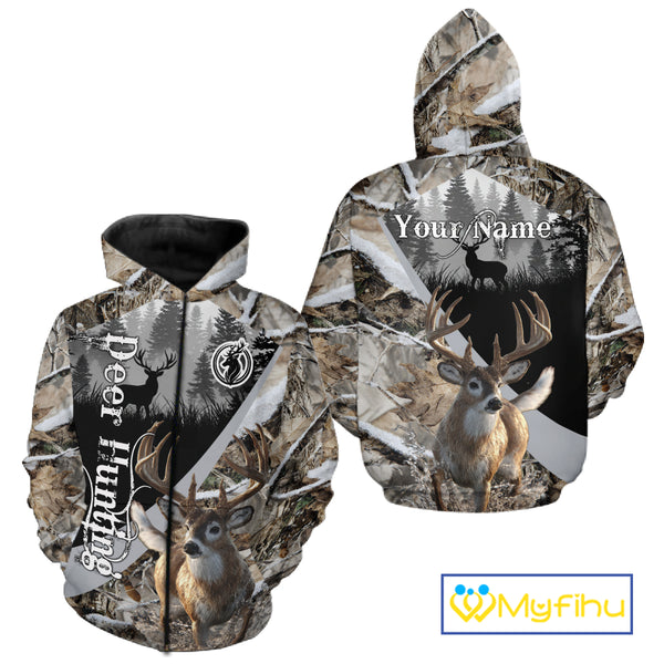 Whitetail Deer Hunting 3D All Over Print Winter Camo Shirt Custom Name Gifts For Hunter NHT215