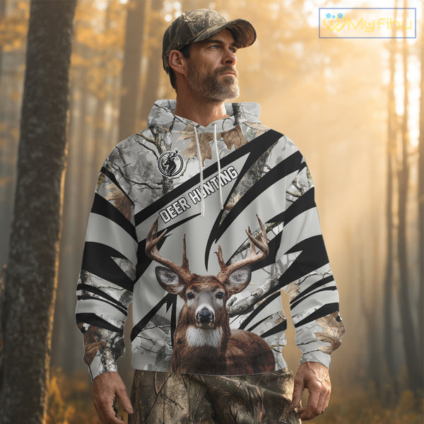 Best Deer Hunting Shirt 3D Gray Winter Camo Custom Name All Over Print Hunting Clothes NHT219