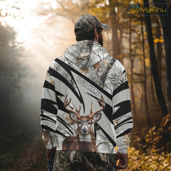 Best Deer Hunting Shirt 3D Gray Winter Camo Custom Name All Over Print Hunting Clothes NHT219