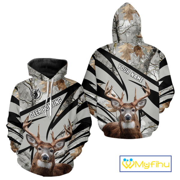 Best Deer Hunting Shirt 3D Gray Winter Camo Custom Name All Over Print Hunting Clothes NHT219