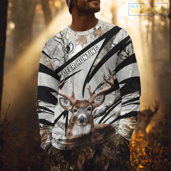 Best Deer Hunting Shirt 3D Gray Winter Camo Custom Name All Over Print Hunting Clothes NHT219