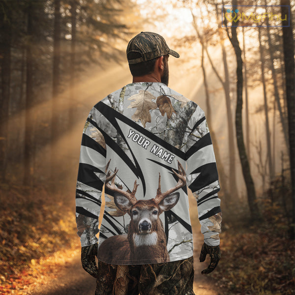 Best Deer Hunting Shirt 3D Gray Winter Camo Custom Name All Over Print Hunting Clothes NHT219