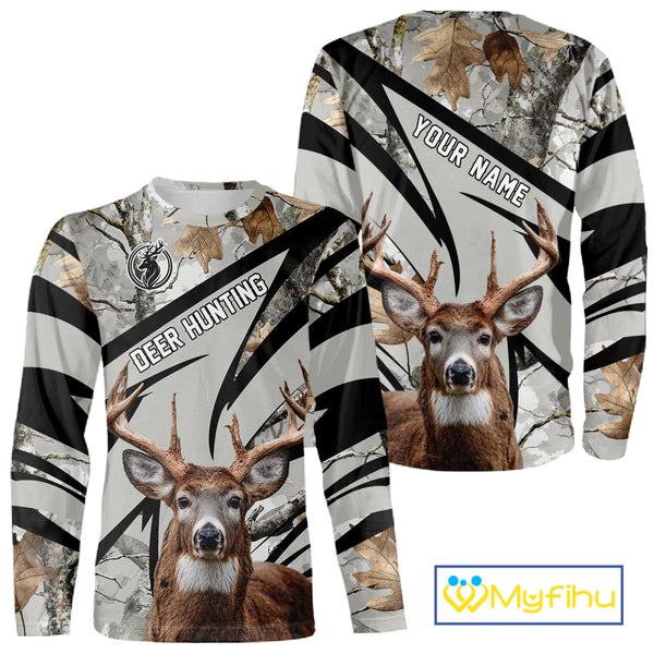 Best Deer Hunting Shirt 3D Gray Winter Camo Custom Name All Over Print Hunting Clothes NHT219