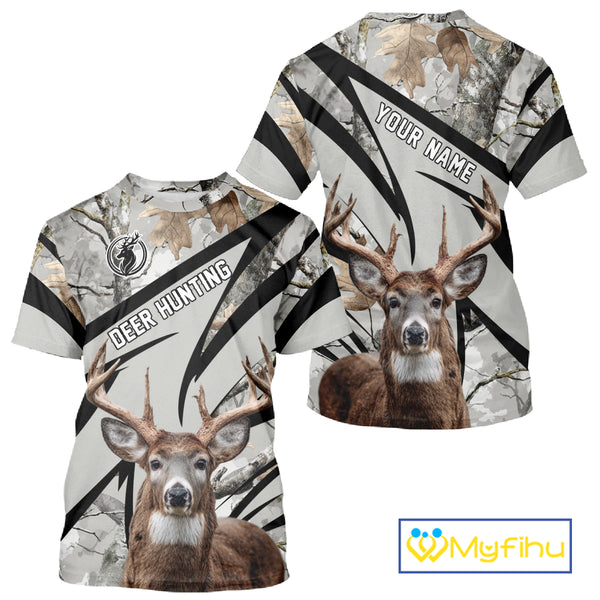 Best Deer Hunting Shirt 3D Gray Winter Camo Custom Name All Over Print Hunting Clothes NHT219