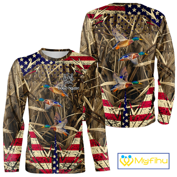Beautiful Mallard Duck Hunting Waterfowl Camouflage Shirt with US Flag Duck Hunting Season NHT122