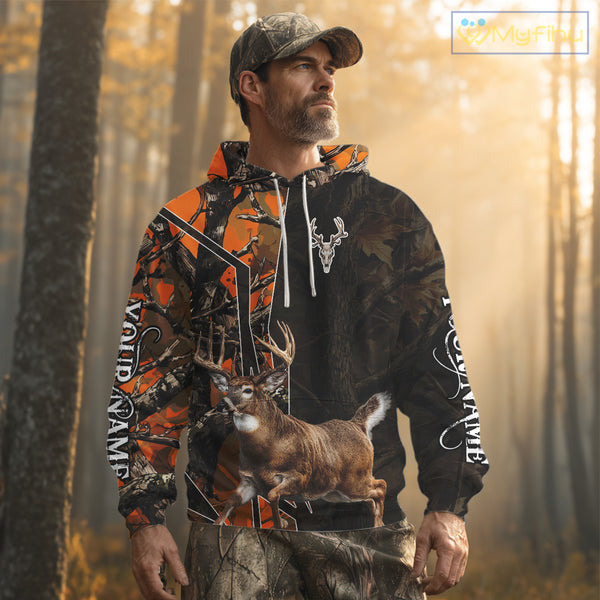 Deer Hunting Shirt 3D Orange Camo Black Custom Name With Deer Skull Whitetail, Hunting Gift NHT236