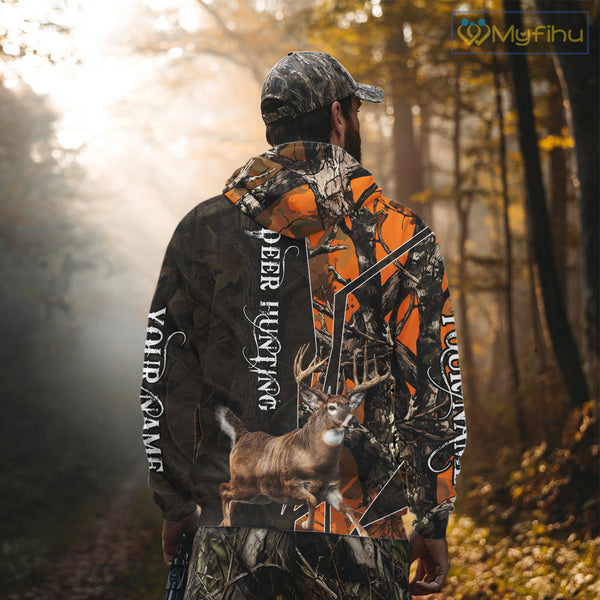 Deer Hunting Shirt 3D Orange Camo Black Custom Name With Deer Skull Whitetail, Hunting Gift NHT236