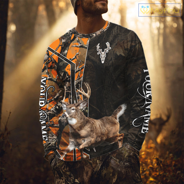 Deer Hunting Shirt 3D Orange Camo Black Custom Name With Deer Skull Whitetail, Hunting Gift NHT236