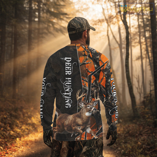 Deer Hunting Shirt 3D Orange Camo Black Custom Name With Deer Skull Whitetail, Hunting Gift NHT236