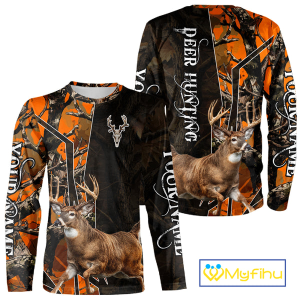 Deer Hunting Shirt 3D Orange Camo Black Custom Name With Deer Skull Whitetail, Hunting Gift NHT236