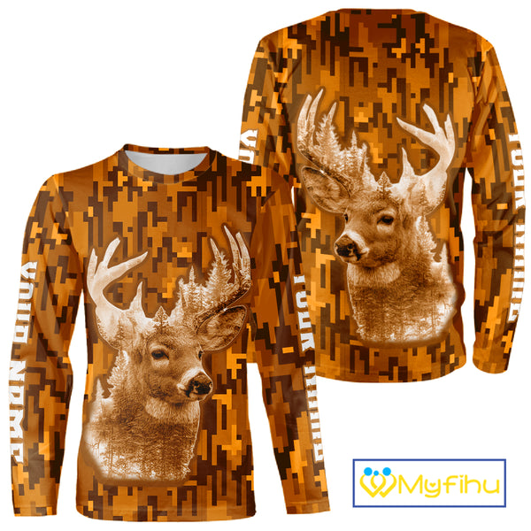Deer hunting Custom Name Full Printing Orange Camo, Personalized hunting Shirt for Men NHT377