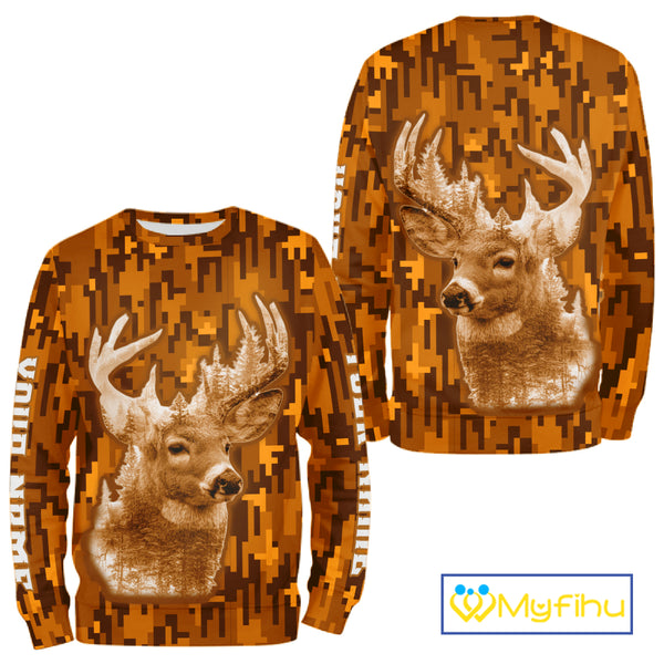 Deer hunting Custom Name Full Printing Orange Camo, Personalized hunting Shirt for Men NHT377